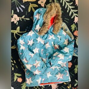 Mini Boden Girls All-weather Waterproof Jacket 11-12y Blue/white/orange stars